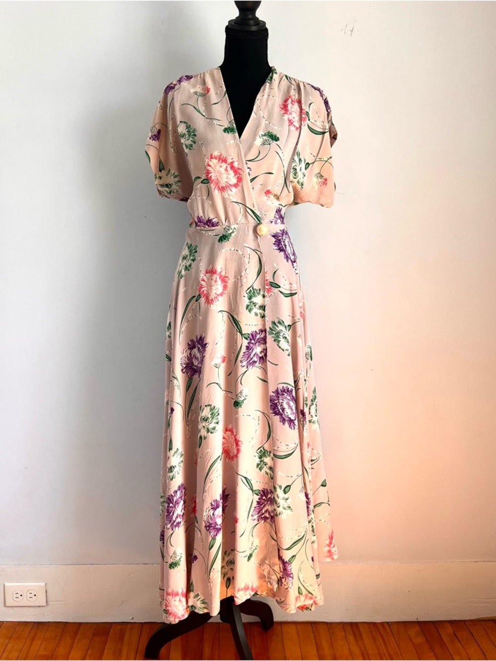 VINTAGE 50’s Pink Floral Wrap Midi Sun Dress S